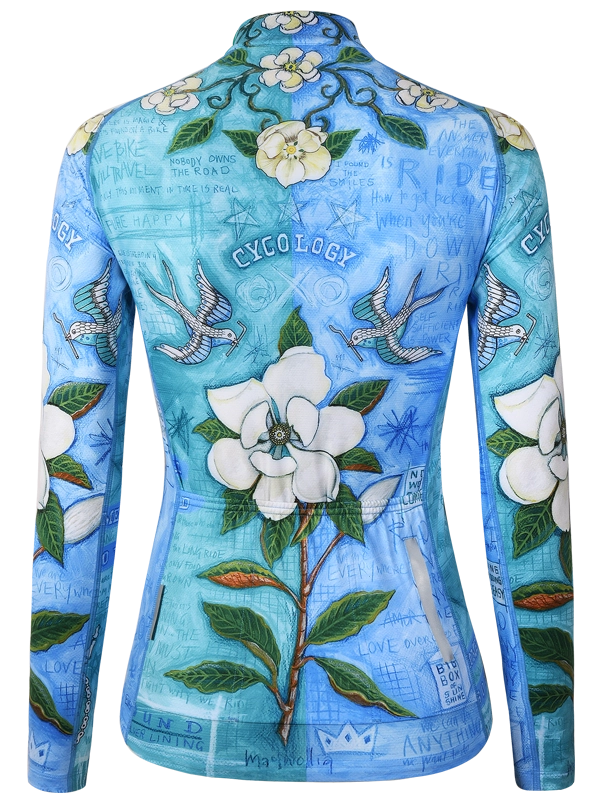 Blue  women's long sleeve cycling jersey with floral and bird design