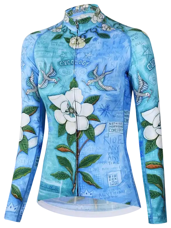 Blue long-sleeve cycling jersey with white magnolia flowers, birds, and inspirational quotes for women's road biking