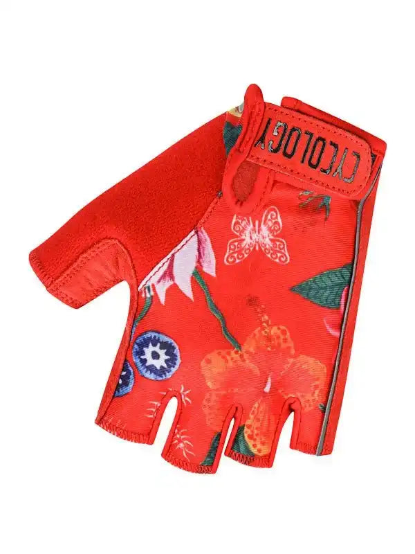 Red floral cycling gloves with butterfly print, fingerless design for women's bike rides