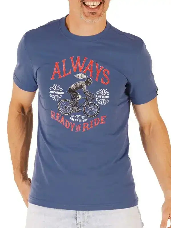 Men's cycling t-shirt with 'Always Ready to Ride' graphic, ideal for bike enthusiasts and casual wear.