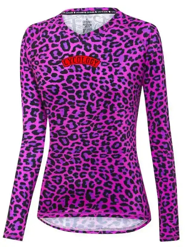 Women's long sleeve cycling jersey with vibrant pink leopard print and red logo, made from high-quality fabric.