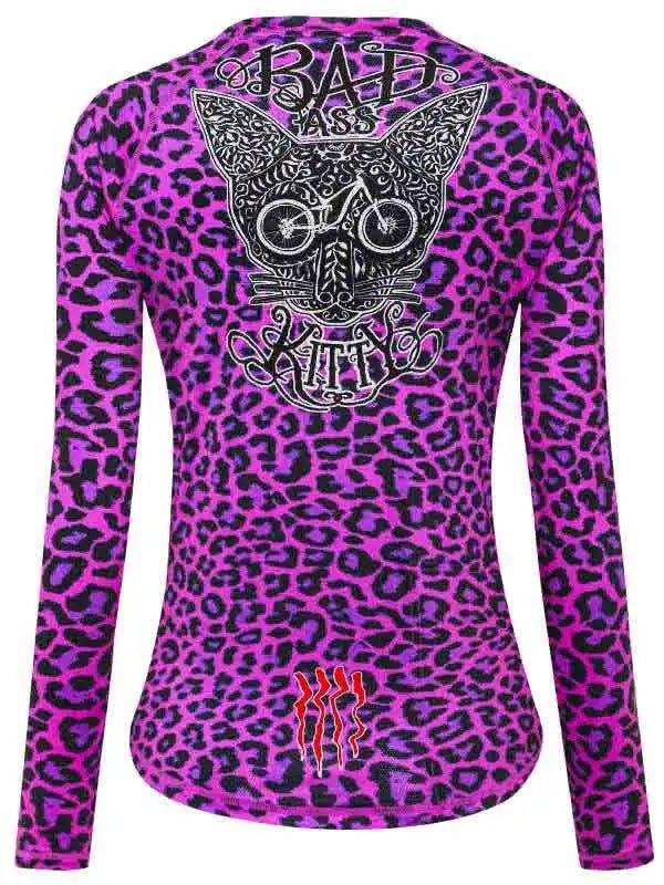 Women's purple leopard print cycling jersey with 'Bad Ass Kitty' graphic and claw marks
