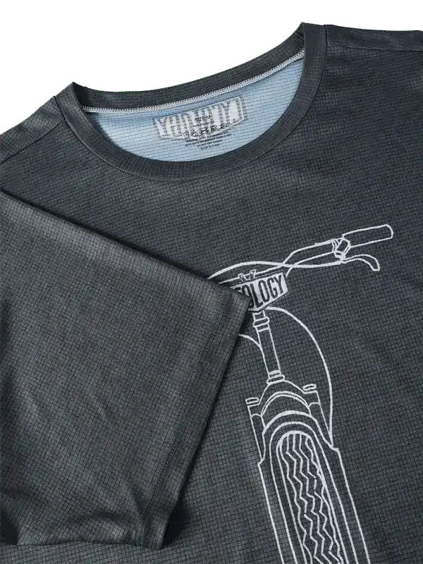 Men's dark gray cycling jersey with white bike graphic, breathable fabric, ideal for mountain biking