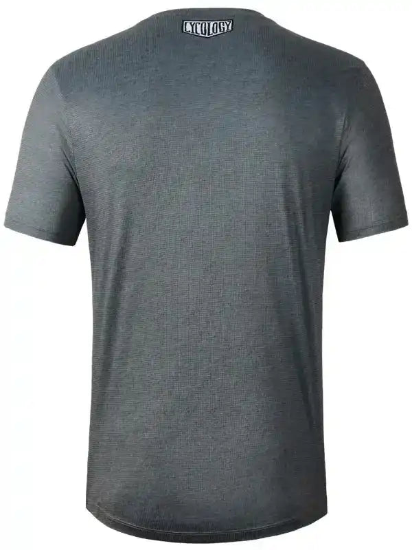 Men's gray cycling t-shirt with subtle texture and small logo at neckline, ideal for active rides.