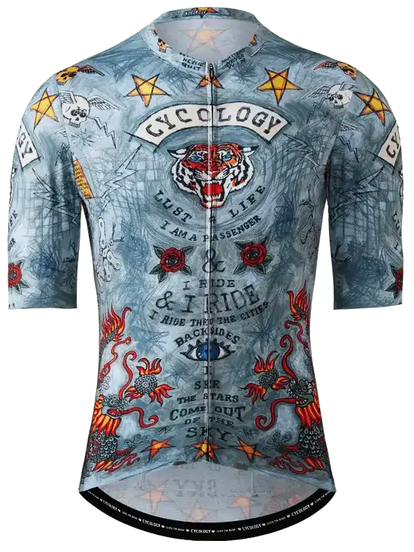 Men's cycling jersey with tiger, stars, and roses design for road biking adventures