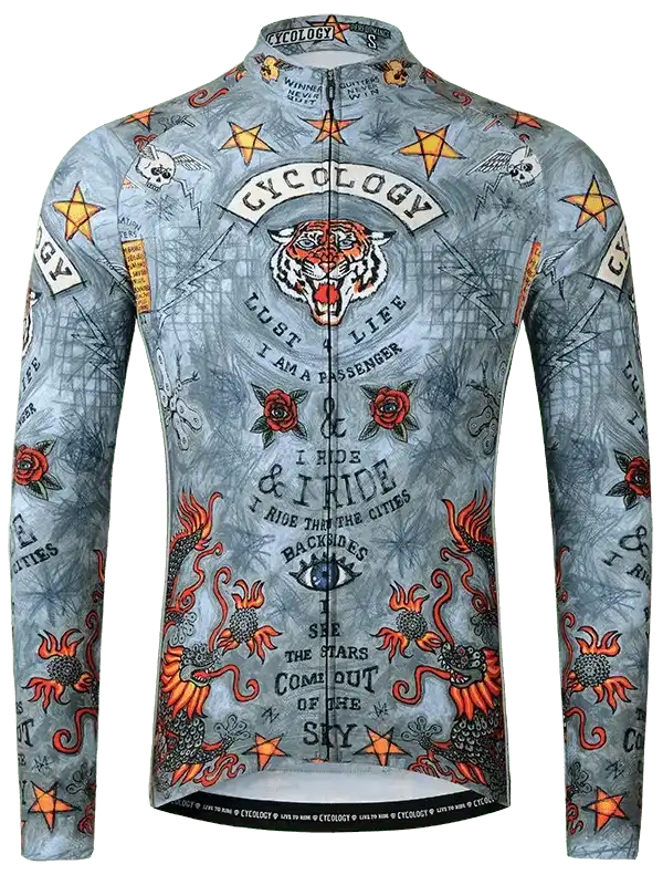 Men's long sleeve cycling jersey with tiger, roses, stars, and tattoo-style graphics on gray fabric