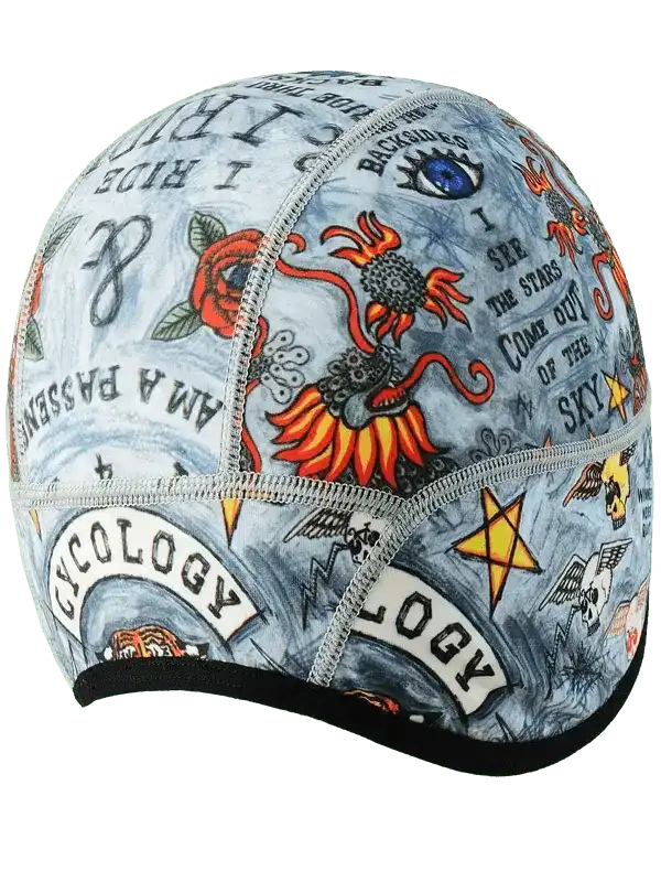 Tattoo-style cycling cap with roses, stars, and bold graphics for men and women riders