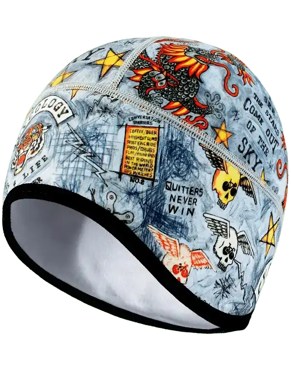 Cycling skull and dragon print beanie with motivational quotes, ideal for men's and women's bike rides