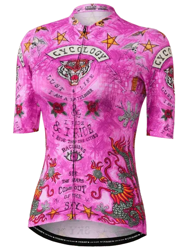 Pink women's cycling jersey with tiger, dragon, and star print, featuring 'Cycology' branding and bold graphics.