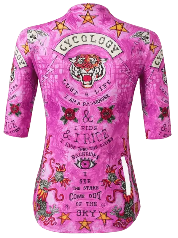 Pink women's cycling jersey with tiger, stars, roses, and bold graphics for road biking