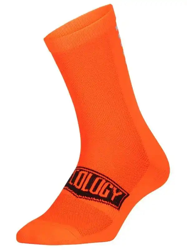 Bright orange cycling sock with black 'OLOGY' logo, breathable mesh fabric for men and women