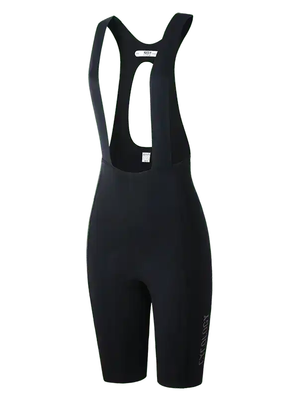 Black women's cycling bib shorts with ergonomic design and brand logo, ideal for road cycling comfort