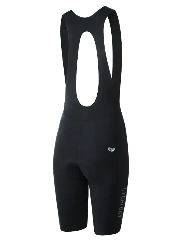 Black women's cycling bib shorts with ergonomic design and brand logo, ideal for road biking comfort.