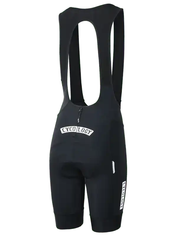 Black men's cycling bib shorts with white CYCOLOGY logo, designed for comfort and performance on rides.