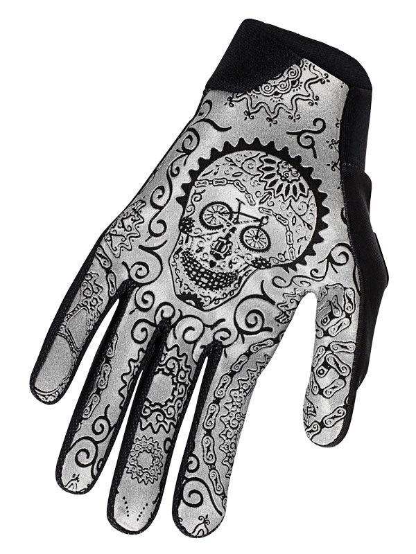 Men's cycling glove with skull and bike gear design, black and silver, for road or mountain biking