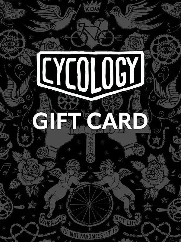 Cycology gift card with tattoo-style cycling graphics and bold logo design