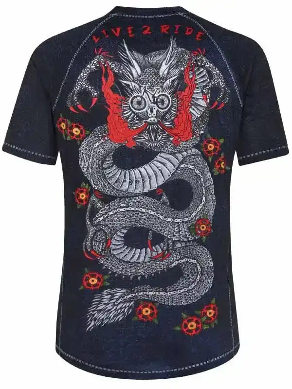 Men's cycling t-shirt with dragon and 'LIVE 2 RIDE' graphic, floral accents, denim-style fabric