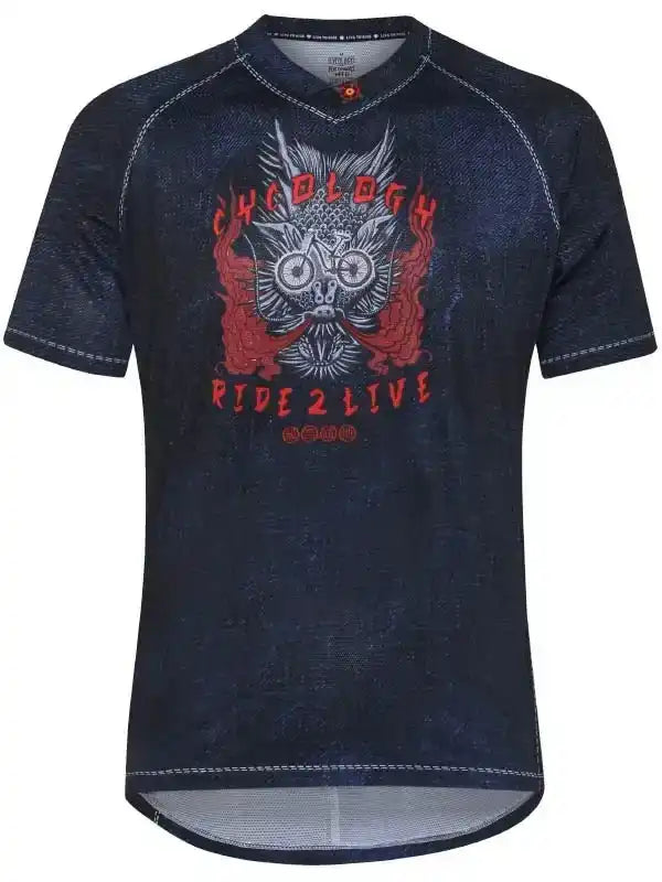 Men's cycling jersey with skull and bike graphic, 'Ride 2 Live' text, dark denim style