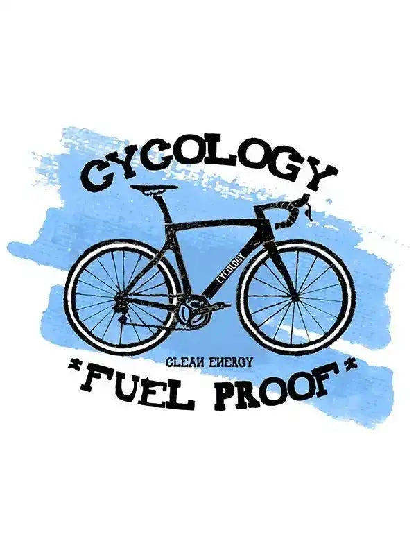 Cycology cycling apparel graphic with road bike, 'Clean Energy' and 'Fuel Proof' text on blue splash background