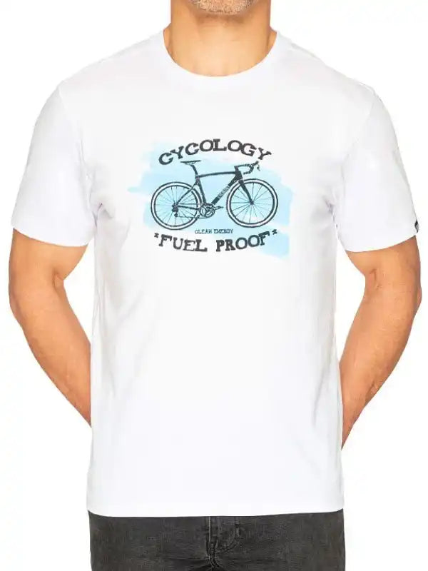 Men's white cycling t-shirt with bike graphic and 'Fuel Proof' text, ideal for bike rides and active wear.