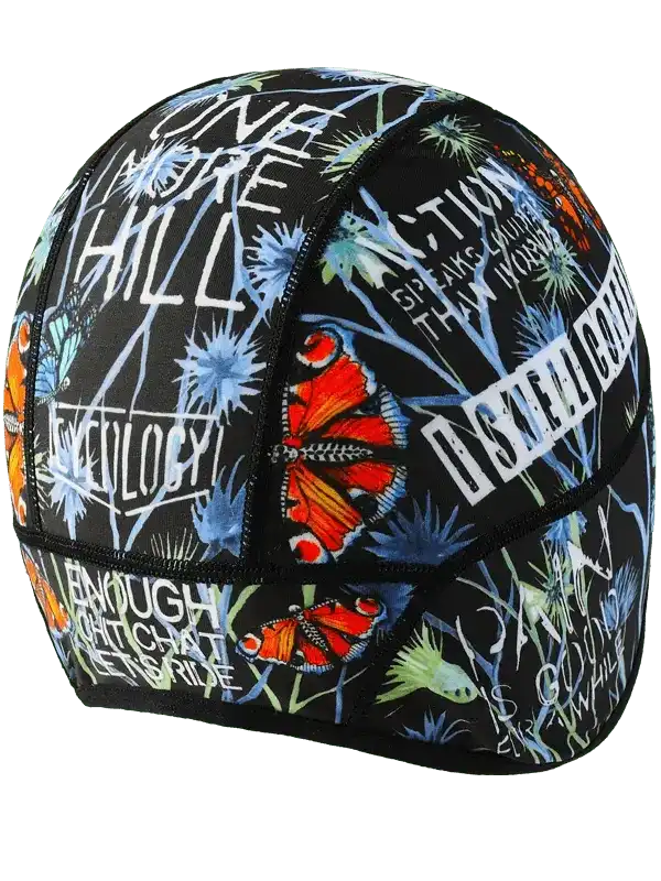 Cycling cap with bold butterfly print and motivational phrases for road bike riders