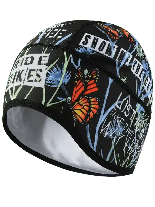 Cycling cap with butterfly print and bold text, ideal for men's and women's bike rides