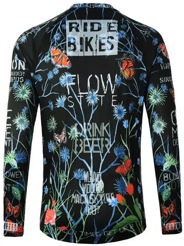 Men's cycling jersey with butterfly and floral print, bold text design for bike rides