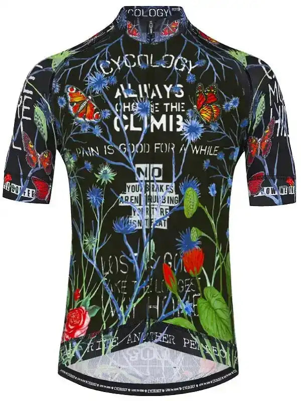 Men's cycling jersey with floral and butterfly print, motivational quotes, and full-length zipper