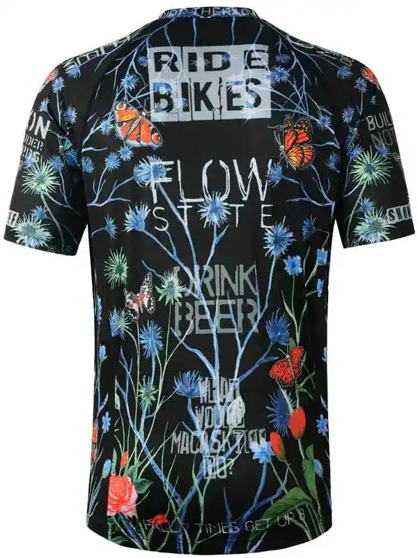 Men's cycling jersey with floral and butterfly print, bold text 'RIDE BIKES' and 'FLOW STATE'