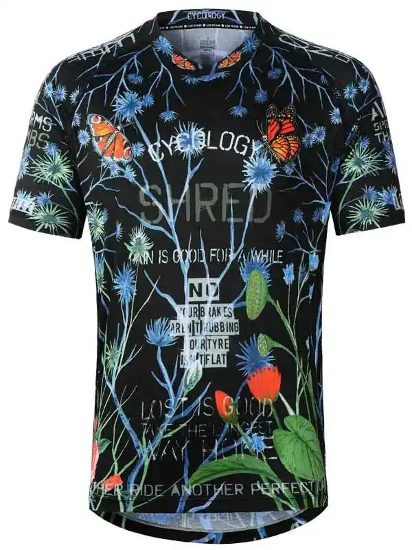 Men's cycling jersey with floral and butterfly print, bold text design, black base, performance fabric