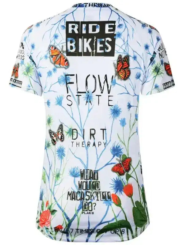 Women's cycling jersey with butterfly and floral print, featuring 'Ride Bikes' and 'Flow State' text