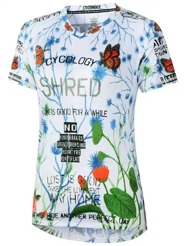 Women's cycling jersey with butterfly and floral print, motivational quotes, and breathable fabric design
