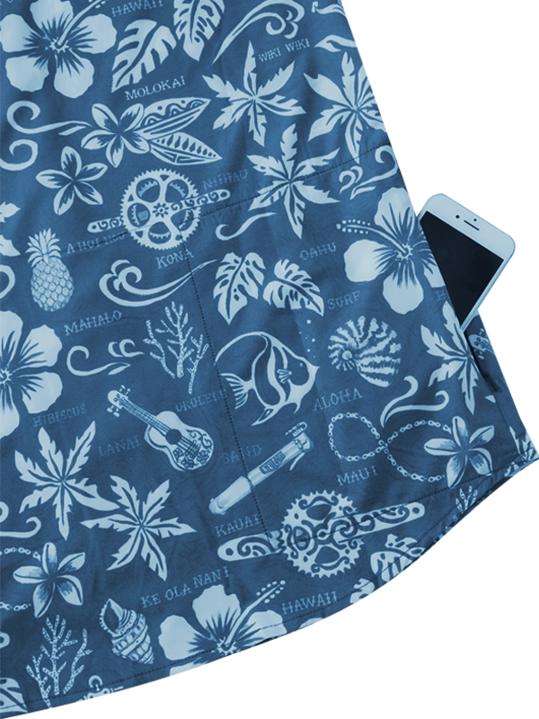 Blue fabric with white Hawaiian-themed patterns, including flowers and symbols, with a zip pocket at side