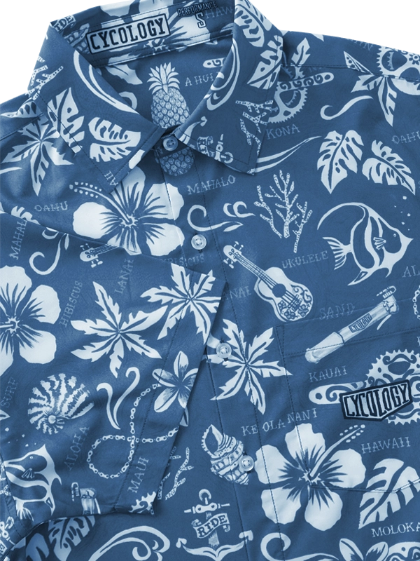 Blue Men's MTB shirt with white Hawaiian floral and nature pattern 