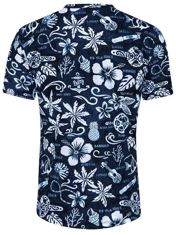 Men's navy Hawaiian shirt with white tropical print, hibiscus, pineapple, ukulele, aloha designs