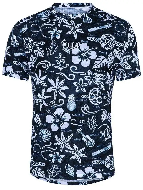 Men's tropical cycling jersey with hibiscus, pineapple, and bike gear print on dark background