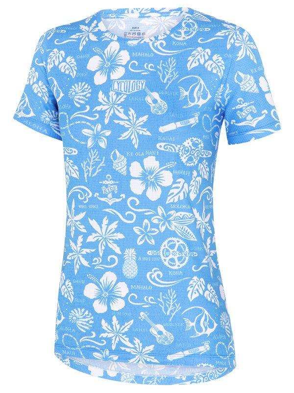 Blue women's cycling jersey with white tropical floral and guitar print, lightweight breathable fabric