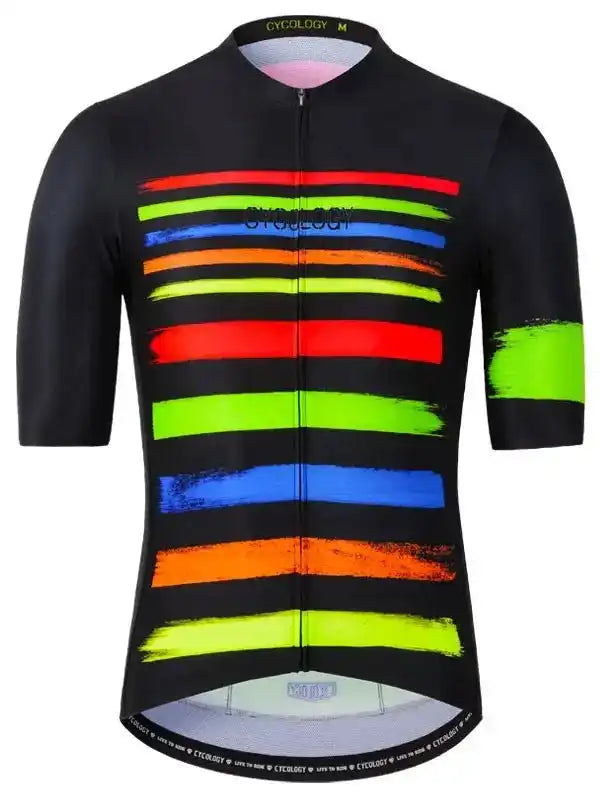 Men's cycling jersey with vibrant rainbow stripes on black, short sleeves, full zip front