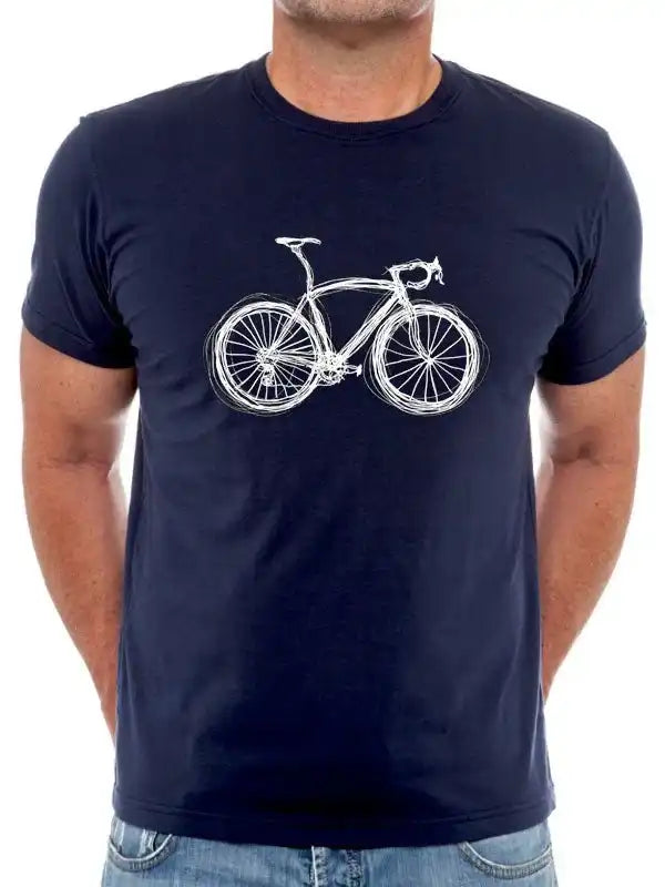 Men's navy cycling t-shirt with white bike graphic, casual bike apparel for cyclists