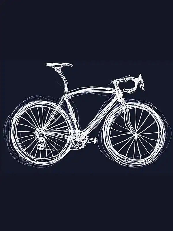 White sketch-style road bike on dark background, ideal for cycling apparel design