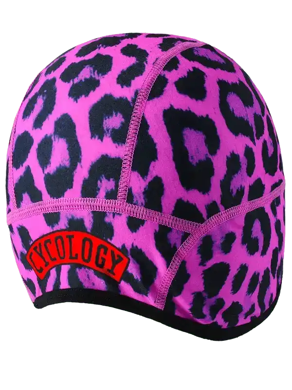 Pink leopard print cycling cap with red Cycology logo, breathable fabric for bike rides