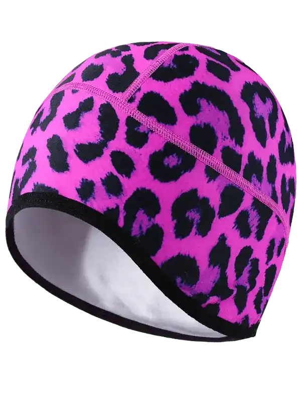 Pink leopard print cycling skull cap with black trim, breathable fabric for bike rides