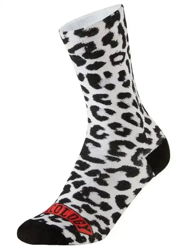 Black and white leopard print cycling sock with red logo, designed for men and women riders