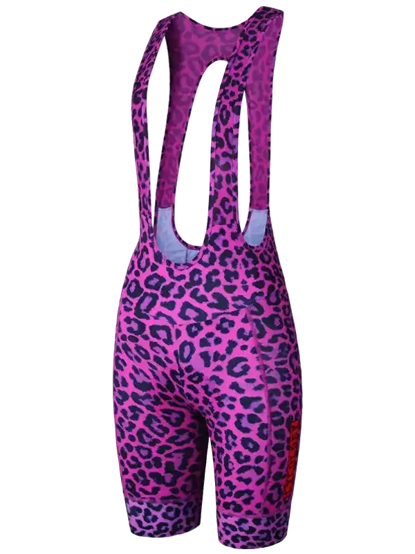 Women's pink leopard print cycling bib shorts with ergonomic design and breathable fabric
