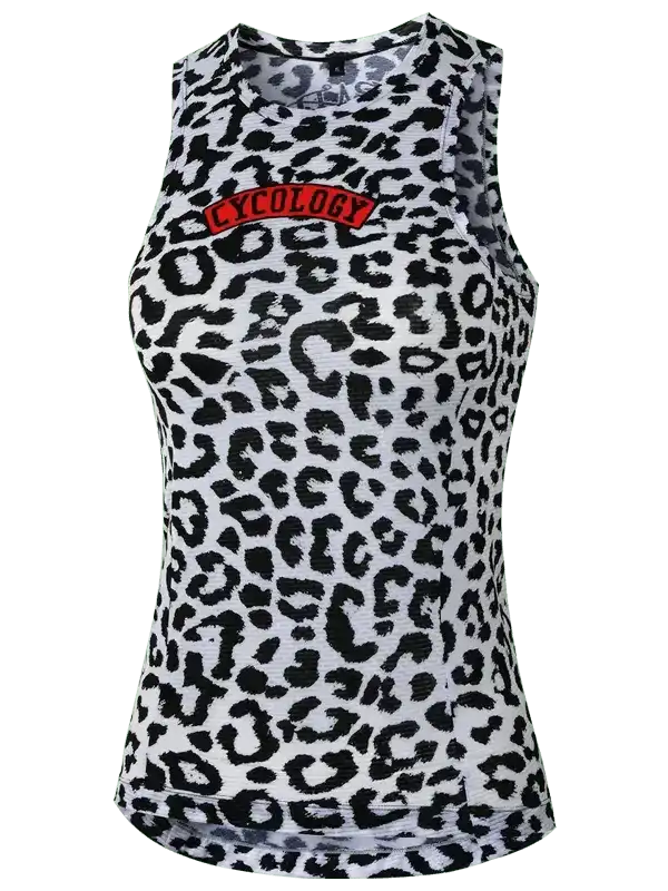 Women's leopard print cycling tank top with red Cycology logo, breathable fabric for performance rides