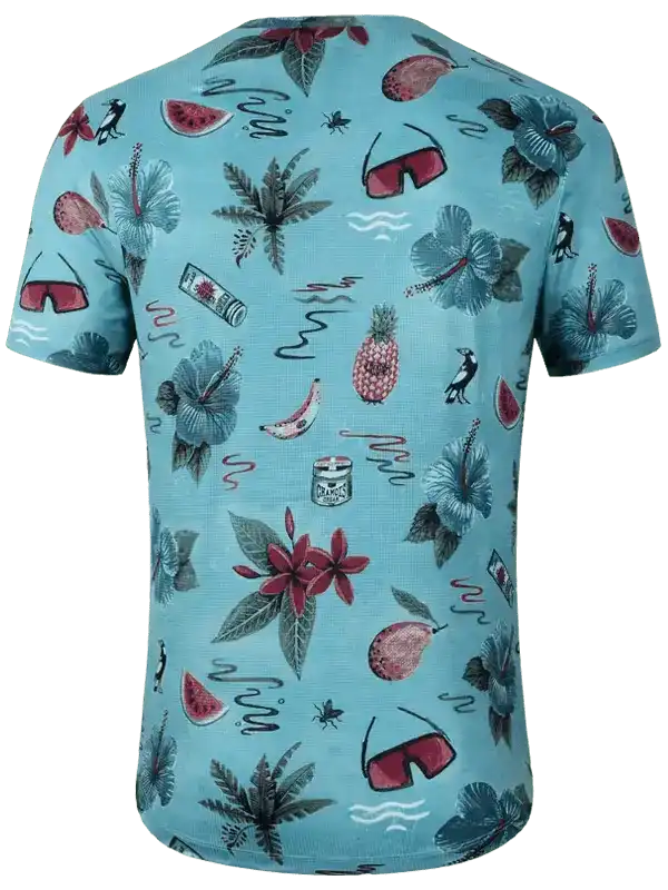Men's tropical print cycling jersey with hibiscus, pineapple, and sunglasses on light blue fabric