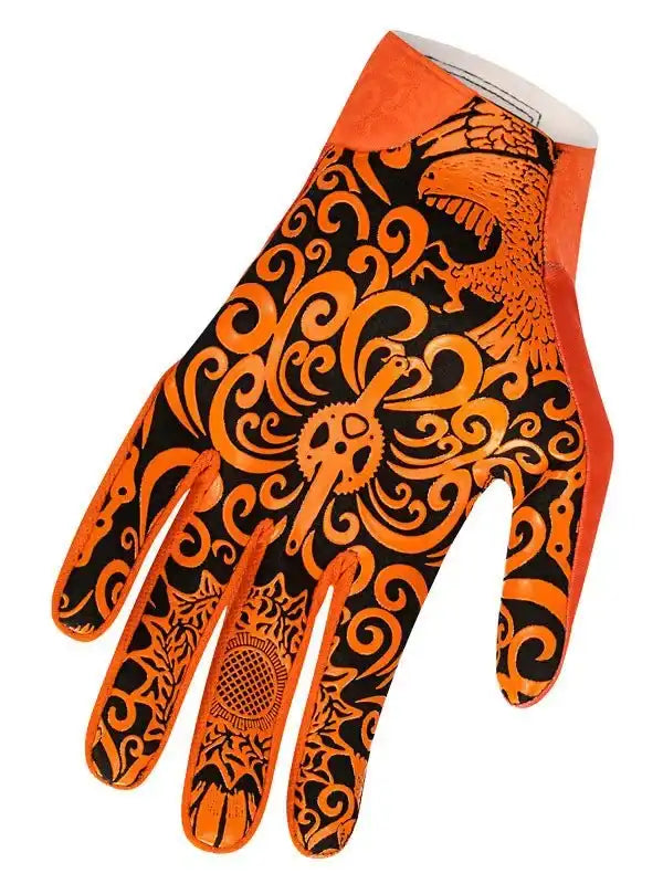 Orange and black cycling glove with intricate swirl and bird design, ideal for men's and women's bike rides.