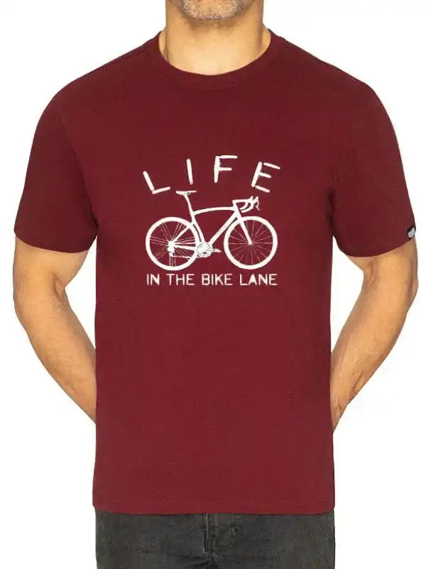 Men's cycling t-shirt with 'Life in the Bike Lane' graphic, burgundy color, bike design
