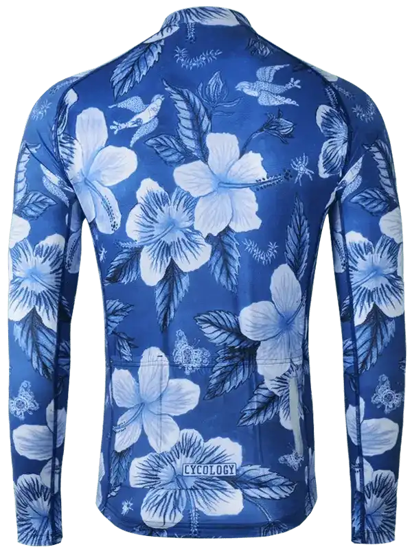 Blue long-sleeve cycling jersey with white hibiscus floral print, ideal for men's or women's road biking