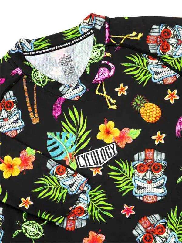 Black cycling jersey with tropical tiki, flamingo, and flower print design for men or women